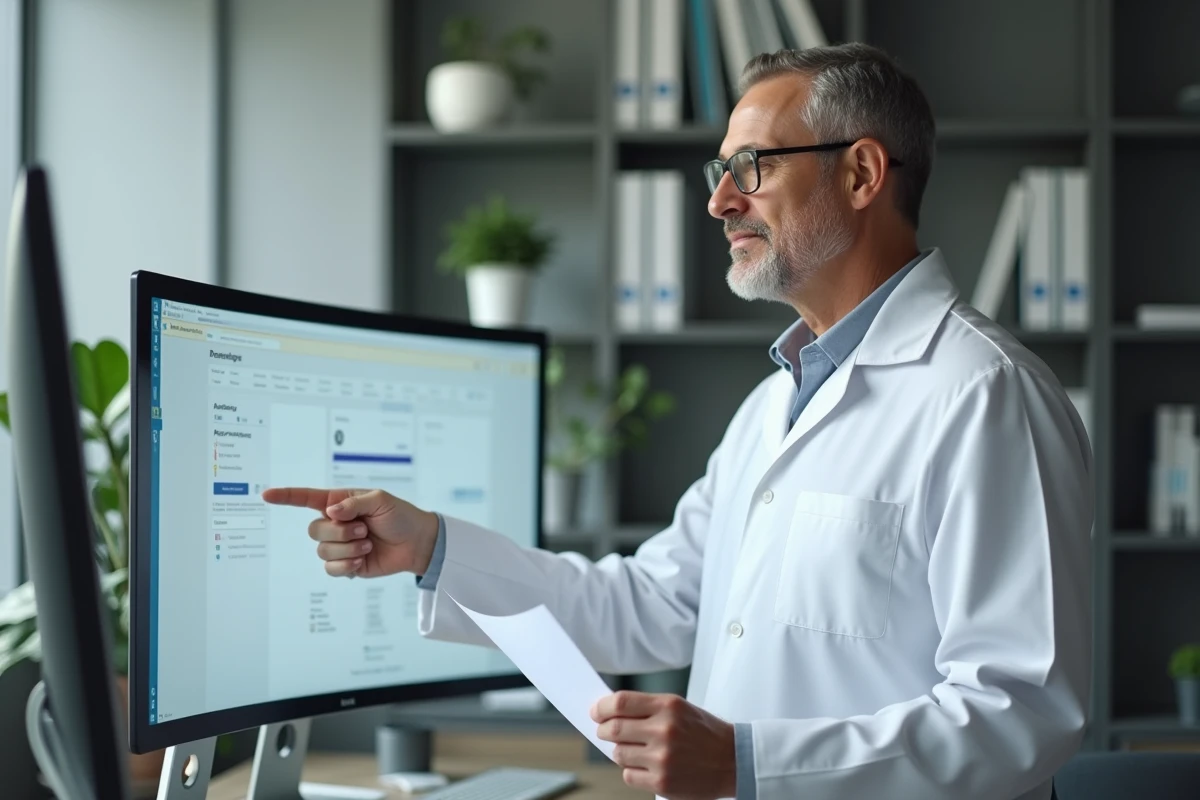 Administrateur de santé consultant un portail de gestion patient de type C.netsoins sur un grand écran de bureau