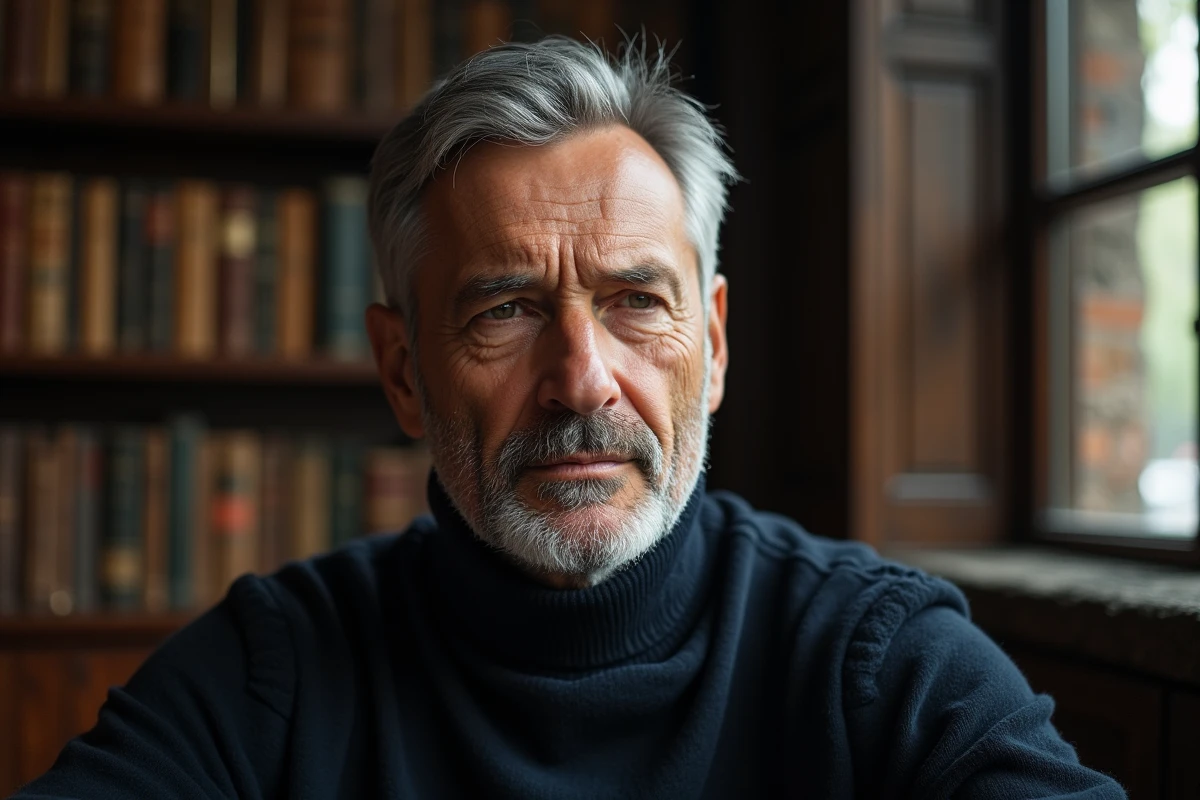 Portrait intimiste d'un homme mature aux cheveux gris en col roulé sombre, regard introspectif dans une bibliothèque privée