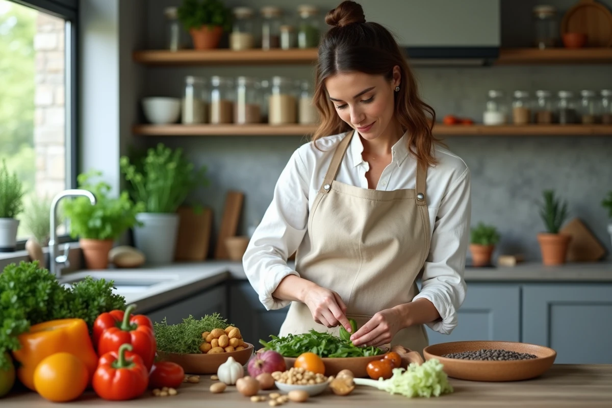 Femme préparant une sélection d'aliments naturels riches en composés nutritifs sur un comptoir en bois dans une cuisine moderne