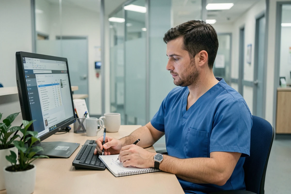 Assistant vétérinaire masculin consultant des dossiers médicaux sur ordinateur dans l'espace administratif d'une clinique vétérinaire