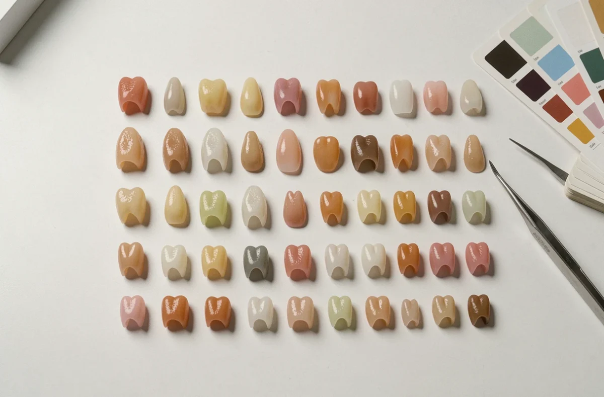 Assortiment de dents en résine avec guide de teintes pour choisir la prothèse dentaire Capdentaire idéale