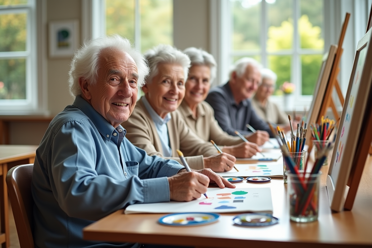 Groupe de seniors peignant lors d’un atelier artistique en centre communautaire