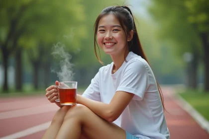 Jeune athl&egrave;te souriante buvant du rooibos en plein air
