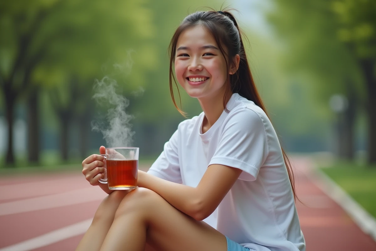 Jeune athlète souriante buvant du rooibos en plein air
