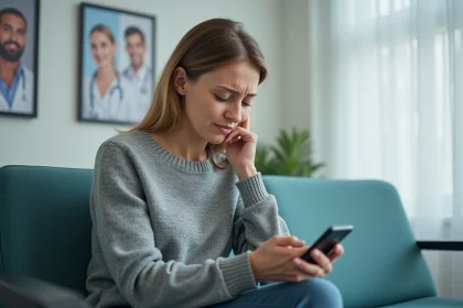 Femme inquiète consultant des informations médicales sur son téléphone dans une salle d'attente dentaire, illustrant les erreurs d'auto-diagnostic du cancer de la langue