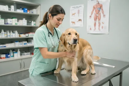 Auxiliaire vétérinaire femme en blouse verte tenant un golden retriever sur une table d'examen dans une clinique vétérinaire moderne