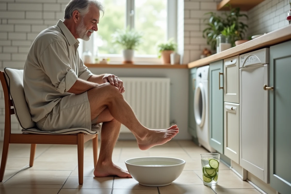 Homme soulageant ses chevilles enflées en les trempant dans un bain d'eau fraîche à la maison en été