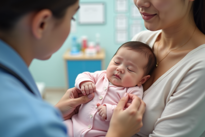 Bebe de six mois dans les bras de sa mère lors d'un examen médical