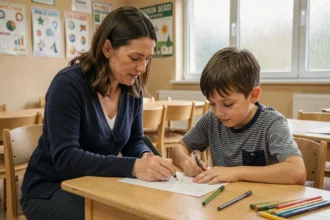 Ergothérapeute accompagnant un enfant dans l'apprentissage de l'écriture en classe, bilan ergothérapie scolaire