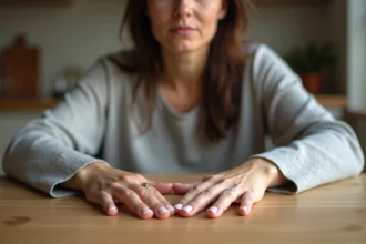 Femme fatiguée montrant ses ongles avec des taches blanches posés sur une table en bois, signe possible de carence nutritionnelle
