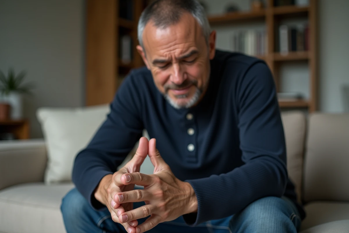 Homme fatigué examinant ses ongles avec des lignes blanches sur un canapé beige, lien entre état des ongles et fatigue chronique