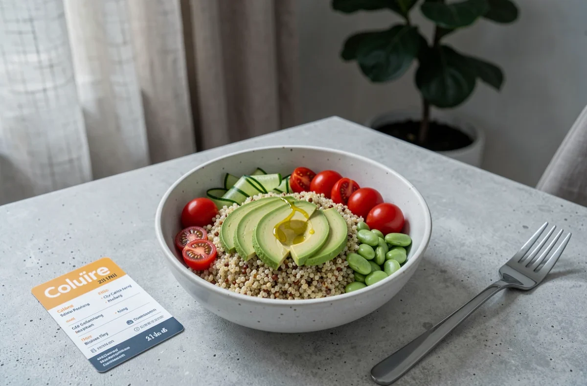 Bol repas équilibré avec avocat tranché, quinoa et légumes frais sur table en béton, idéal pour illustrer un menu sain intégrant les calories de l'avocat