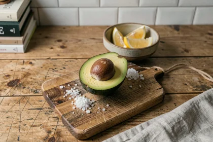 Avocat coupé en deux sur une planche en bois avec sel de mer et citron, vue de dessus pour illustrer les calories et la valeur nutritionnelle de l'avocat