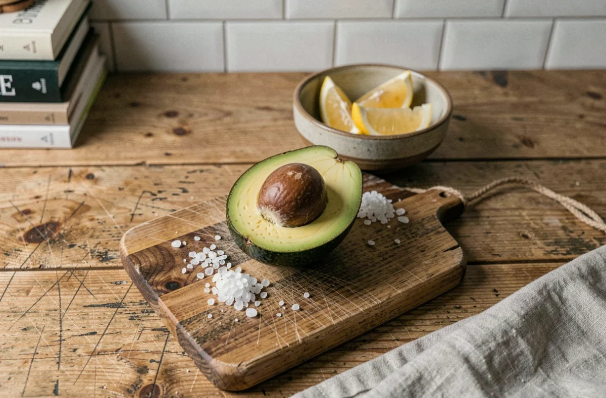 Avocat coupé en deux sur une planche en bois avec sel de mer et citron, vue de dessus pour illustrer les calories et la valeur nutritionnelle de l'avocat