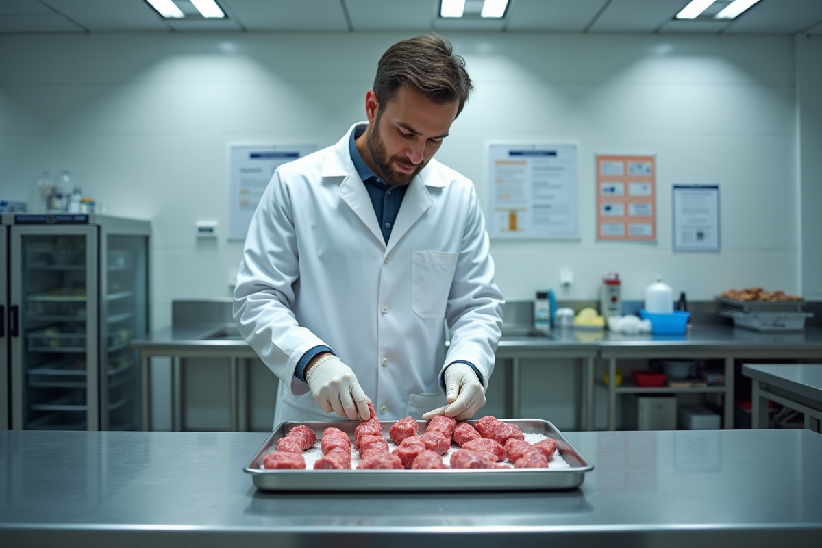 Scientifique en laboratoire examinant des échantillons de viande congelée