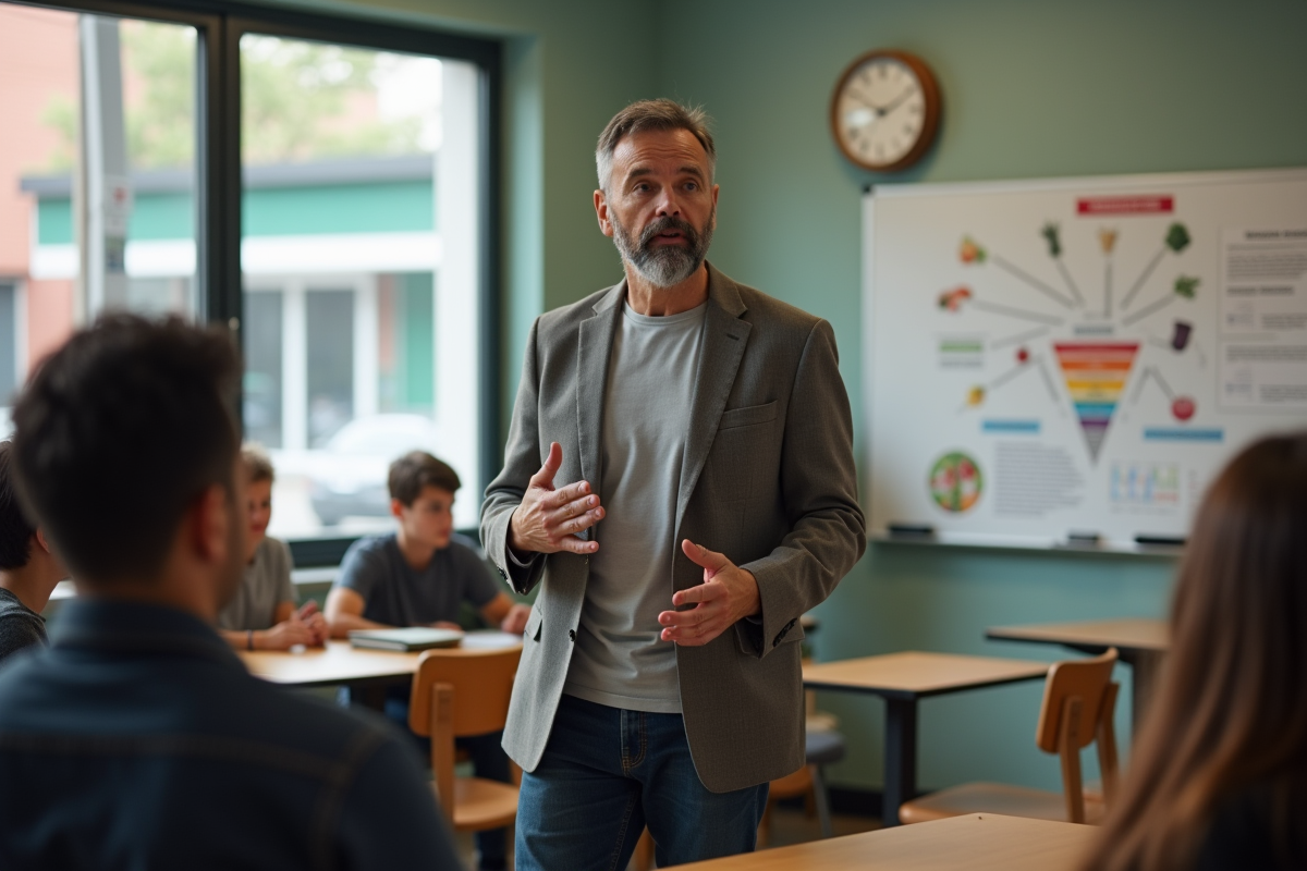 Homme en formation dans une salle avec tableau nutrition