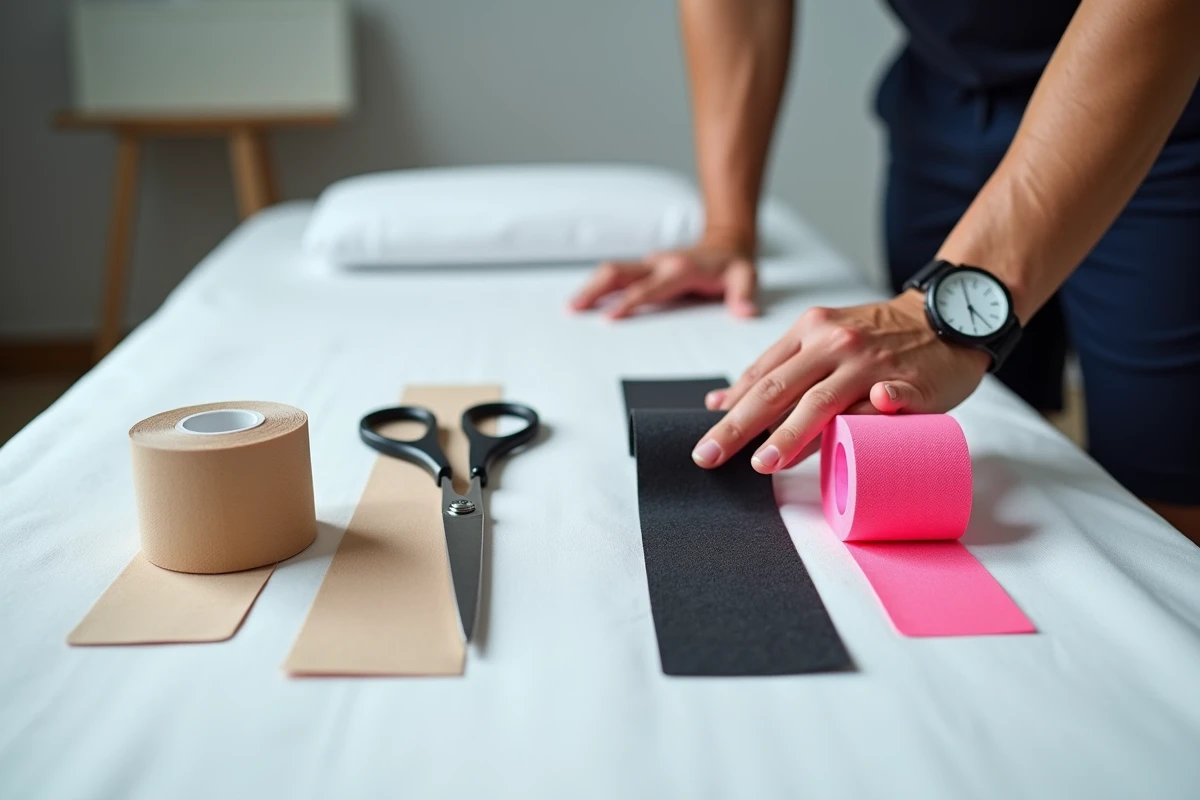 Comparaison entre taping rigide et strapping élastique posés sur une table de kinésithérapie