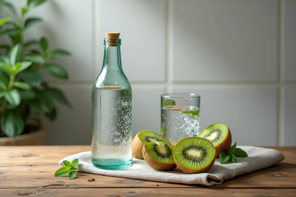 Composition naturelle avec eau minérale Saint Antonin, kiwi et menthe pour favoriser le transit intestinal