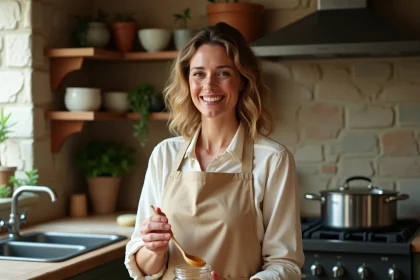 Femme préparant une compote de pommes maison dans une cuisine rustique pour soulager la constipation naturellement