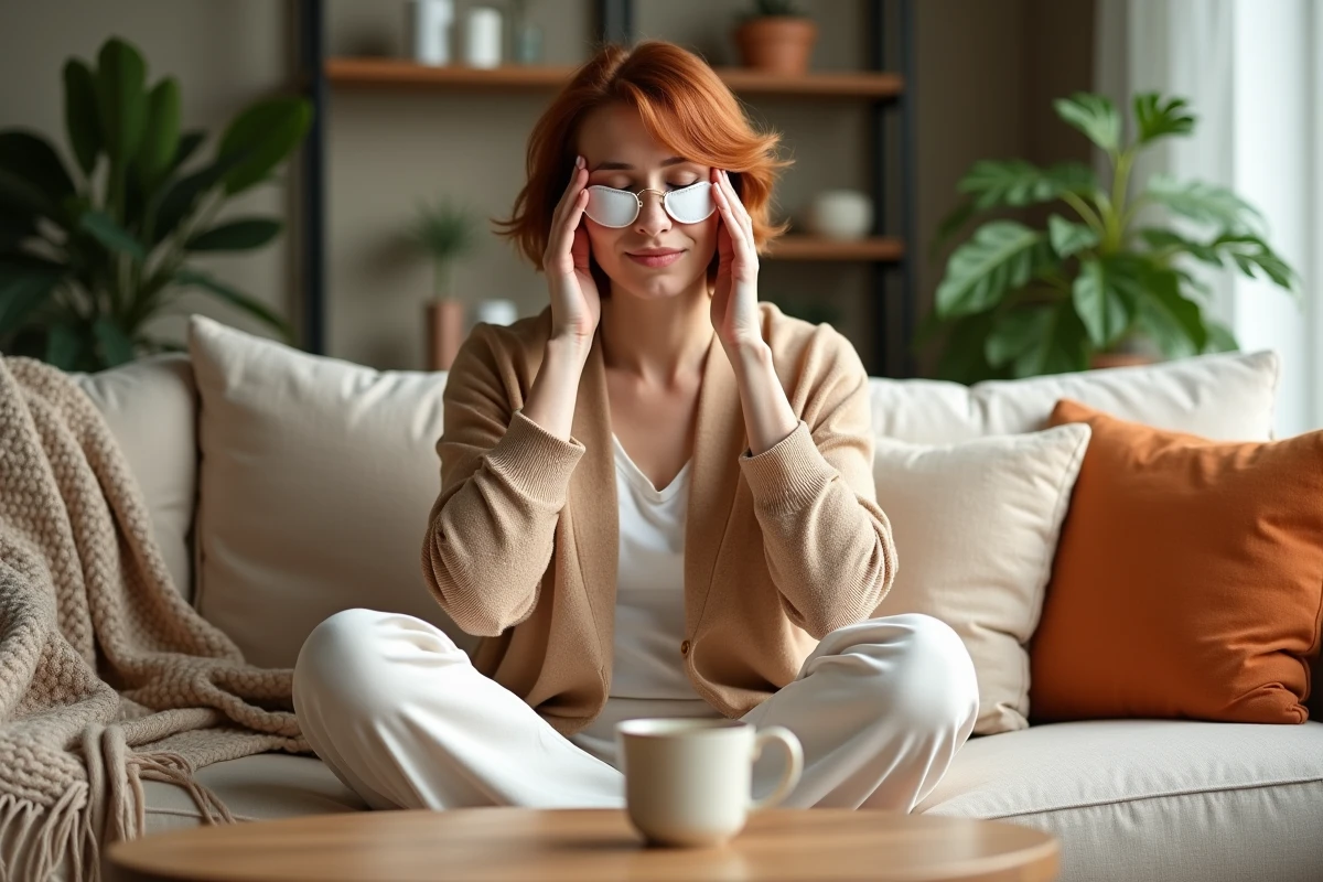 Femme appliquant une compresse de camomille sur ses yeux fatigués portant des lentilles, remède naturel à la maison