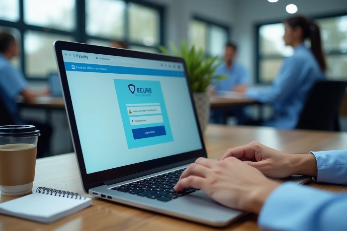 Gros plan sur les mains d'un soignant lors de la connexion à C.netsoins avec une notification d'erreur visible à l'écran