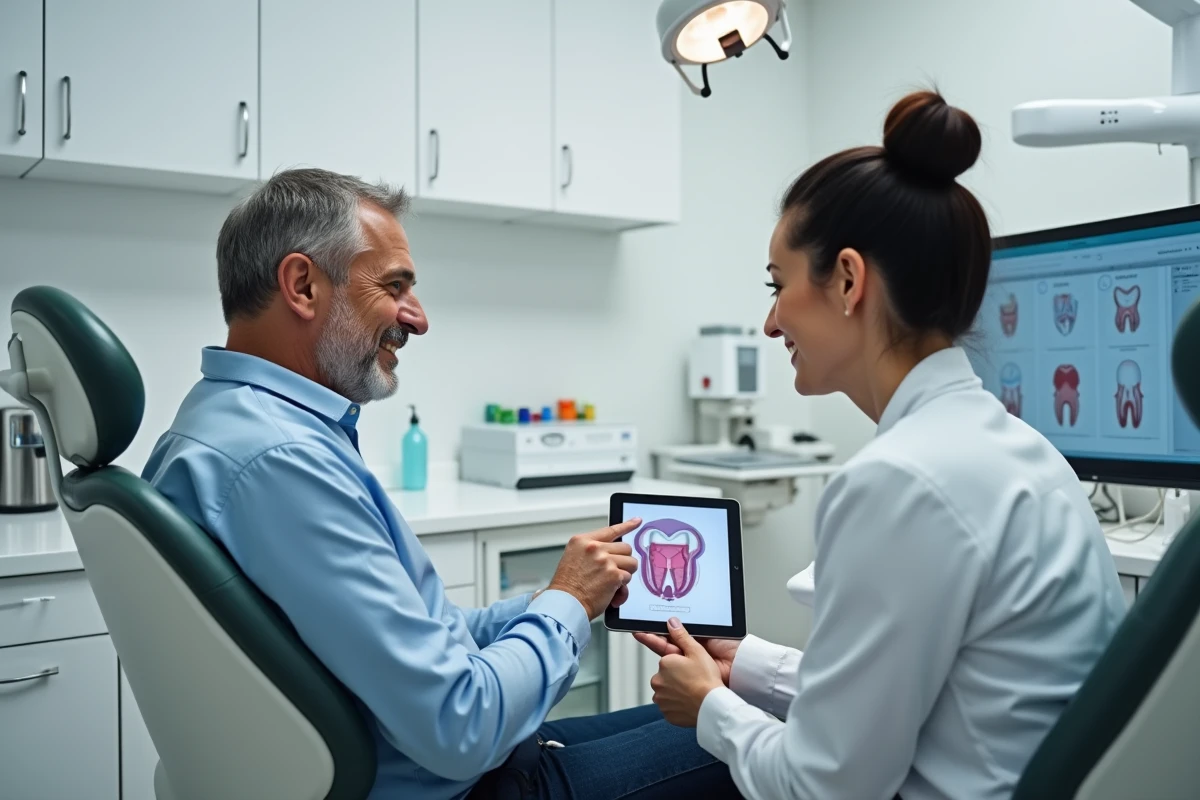 Patient discutant avec une dentiste d'un diagnostic buccal à partir d'un schéma anatomique, soulignant l'importance d'une consultation professionnelle plutôt que d'un auto-diagnostic