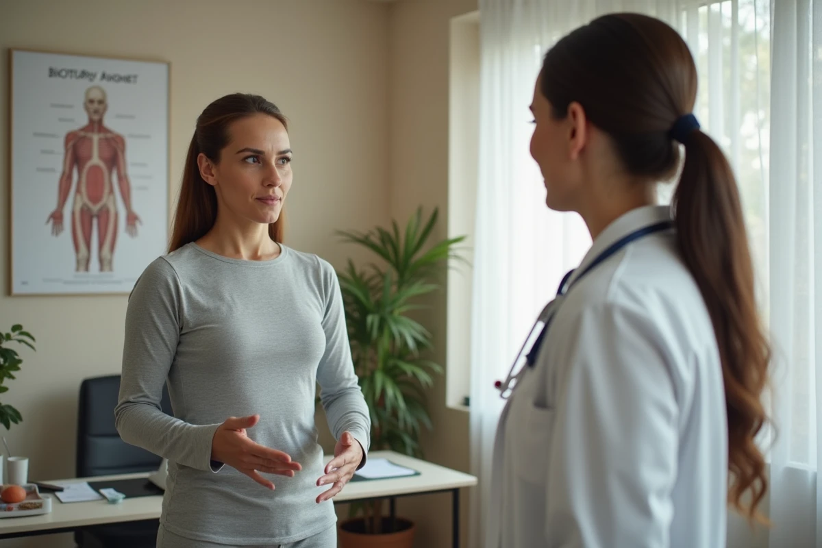 Femme d'une quarantaine d'années en consultation médicale évoquant des douleurs musculaires liées à une perte de poids rapide avec une médecin