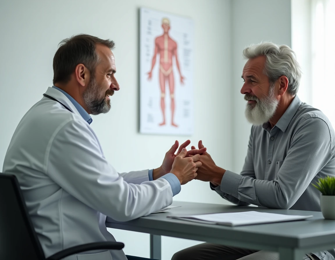 Consultation médicale où un homme montre sa main gauche qui gratte à un médecin, science versus superstition