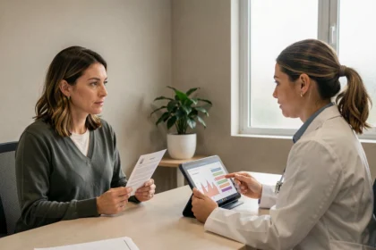 Consultation médicale entre une femme et sa médecin au sujet de troubles hormonaux légers, avec tablette affichant un bilan de santé