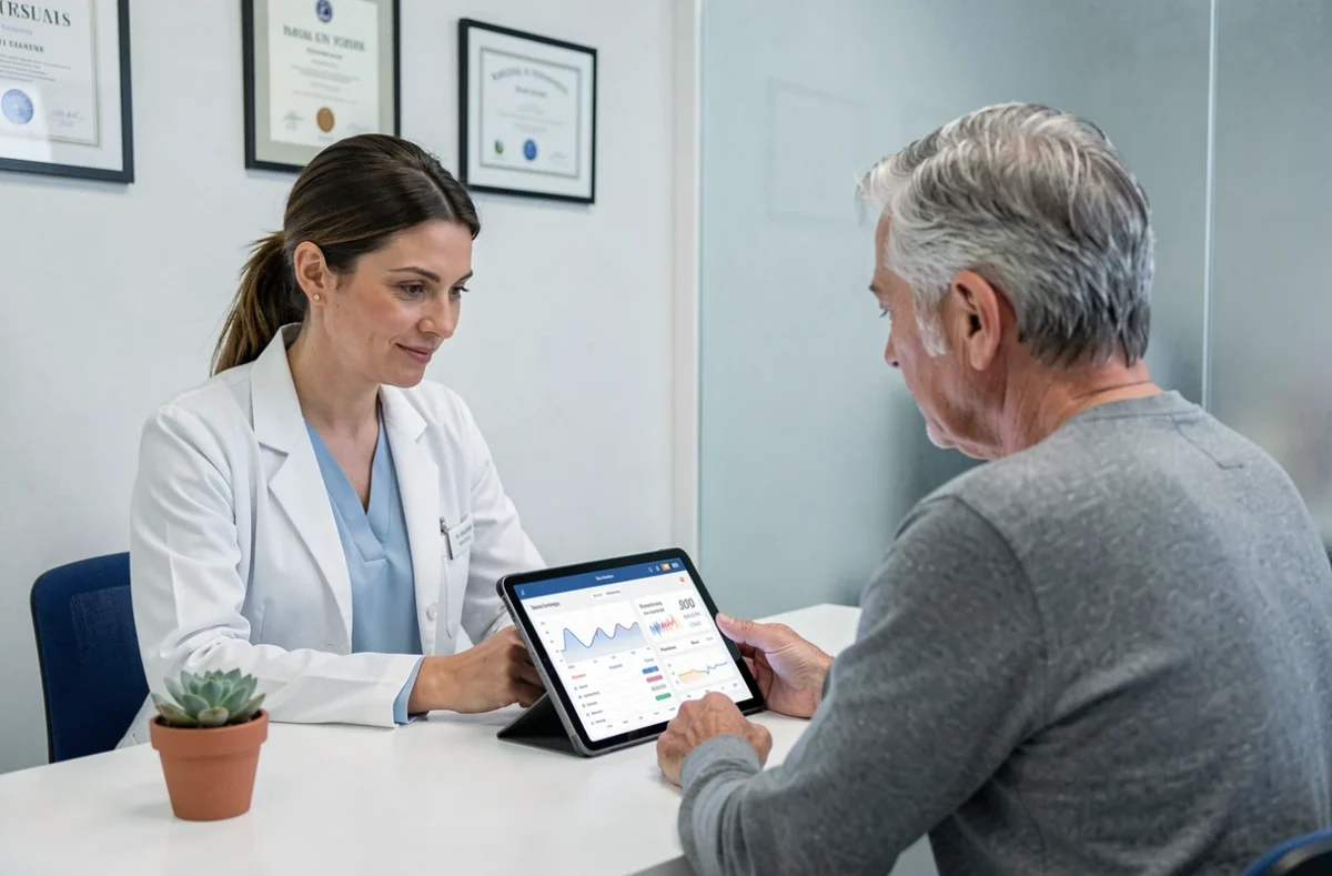 Professionnelle de santé parisienne analysant un bilan de suivi santé numérique avec un patient en consultation