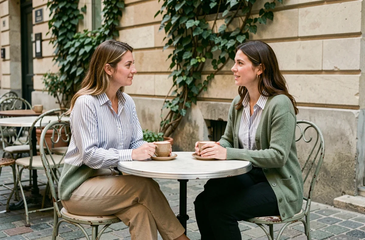 Deux femmes en conversation bienveillante à une terrasse de café, illustrant le dialogue empathique et la paix relationnelle