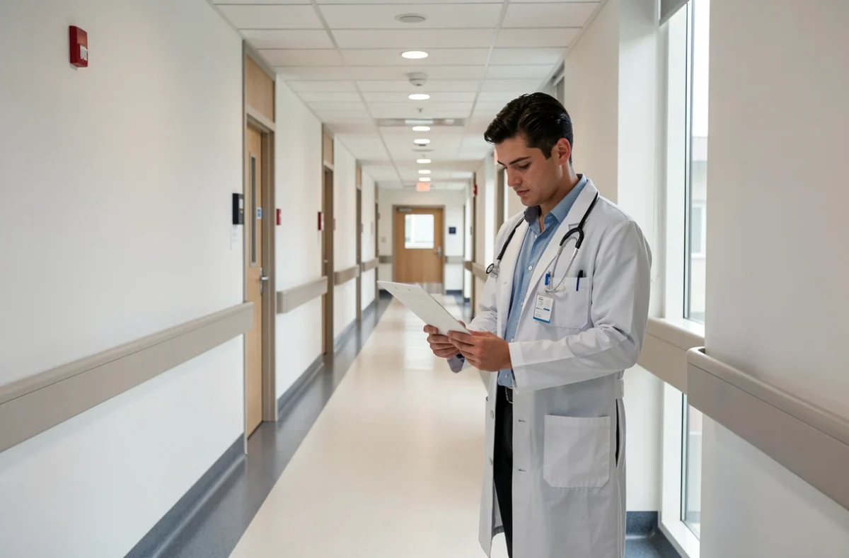 Couloir d'hôpital avec un médecin consultant un dossier