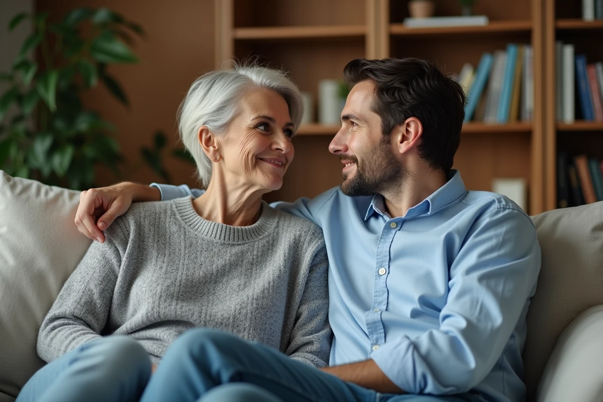 Couple ayant une conversation intime et bienveillante sur un canapé, abordant des sujets personnels en toute confiance