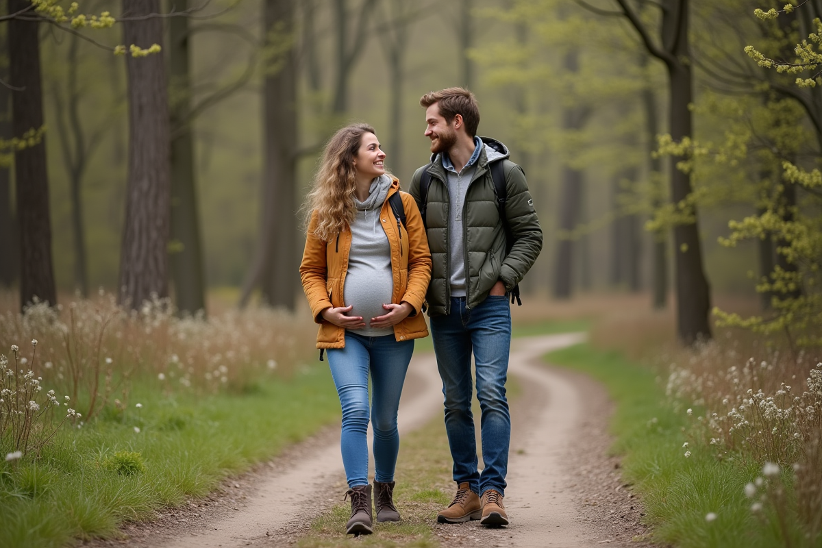 Couple enceinte marche en forêt au printemps