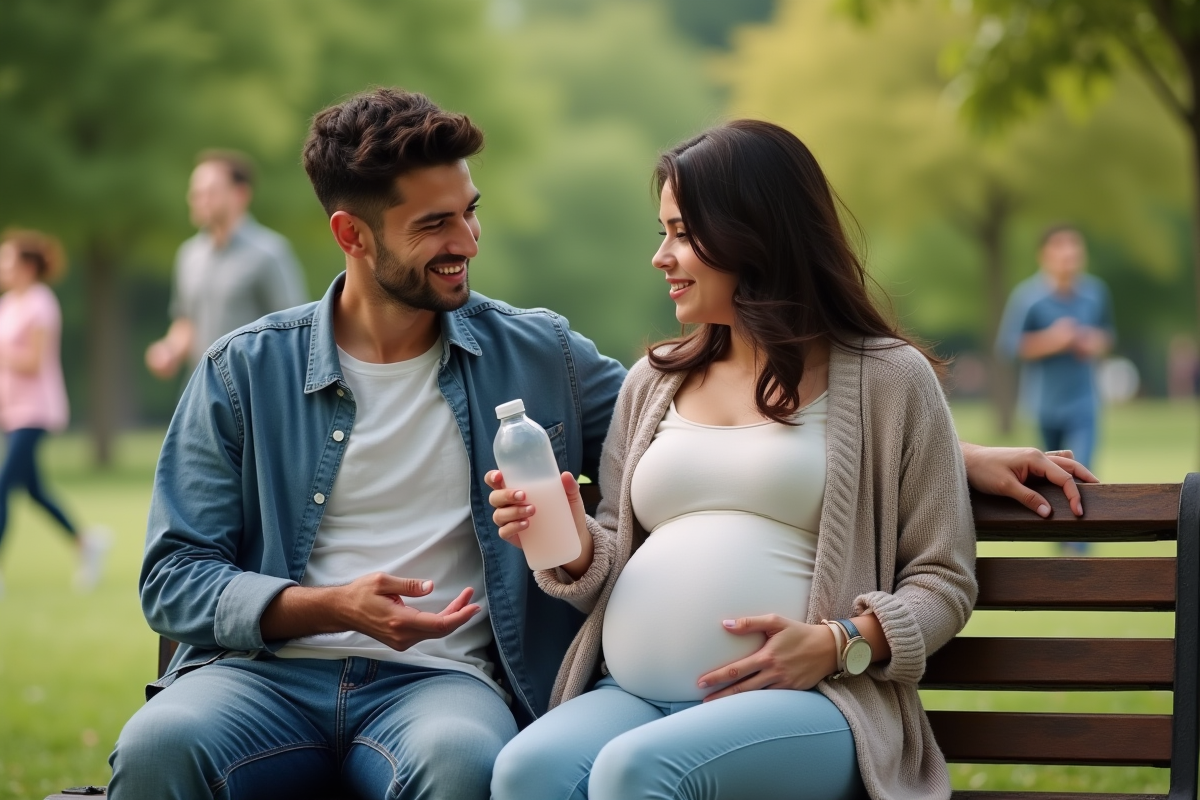 Jeune couple assis sur un banc dans un parc verdoyant