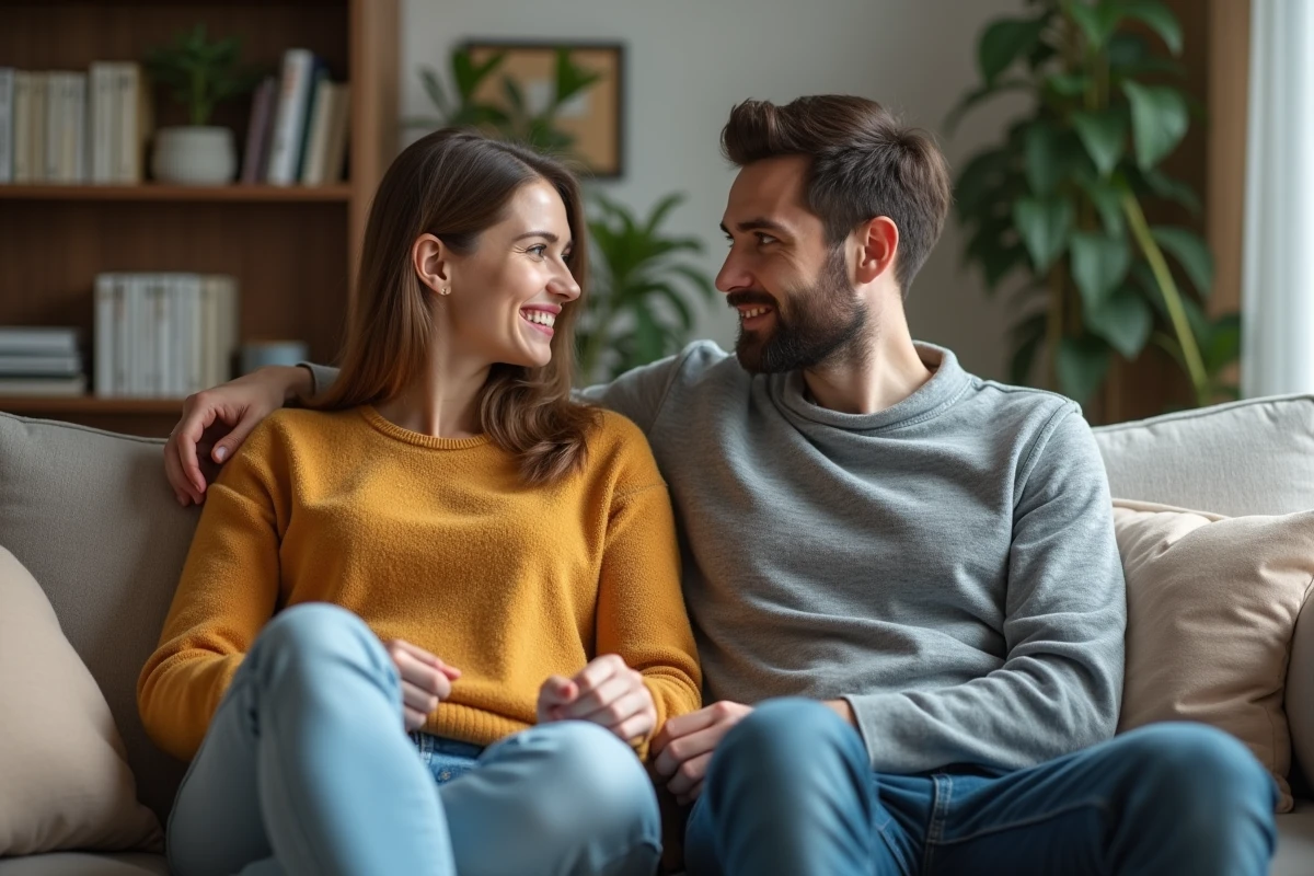 Couple assis sur le canapé montrant empathie et souci