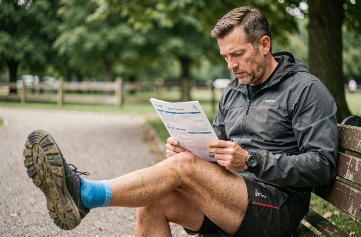 Coureur trail assis sur un banc de parc lisant une notice médicale après une entorse de cheville avec tape kinésio