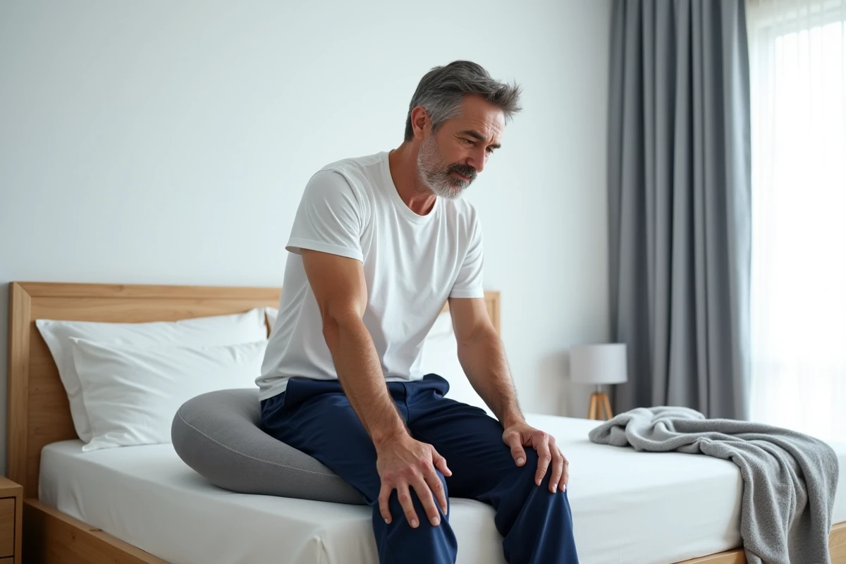 Homme assis prudemment sur un coussin anti-douleur coccyx en forme de donut au bord du lit