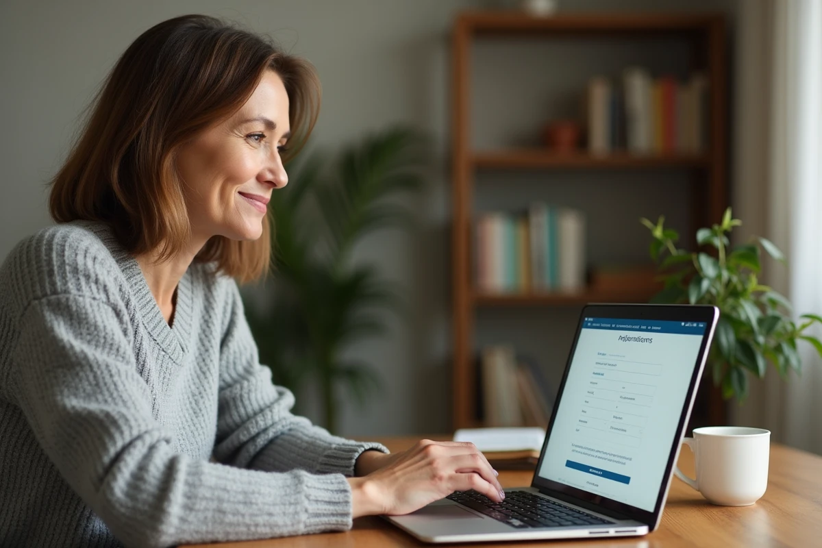 Femme créant son compte patient en ligne sur KelDoc depuis un bureau à domicile