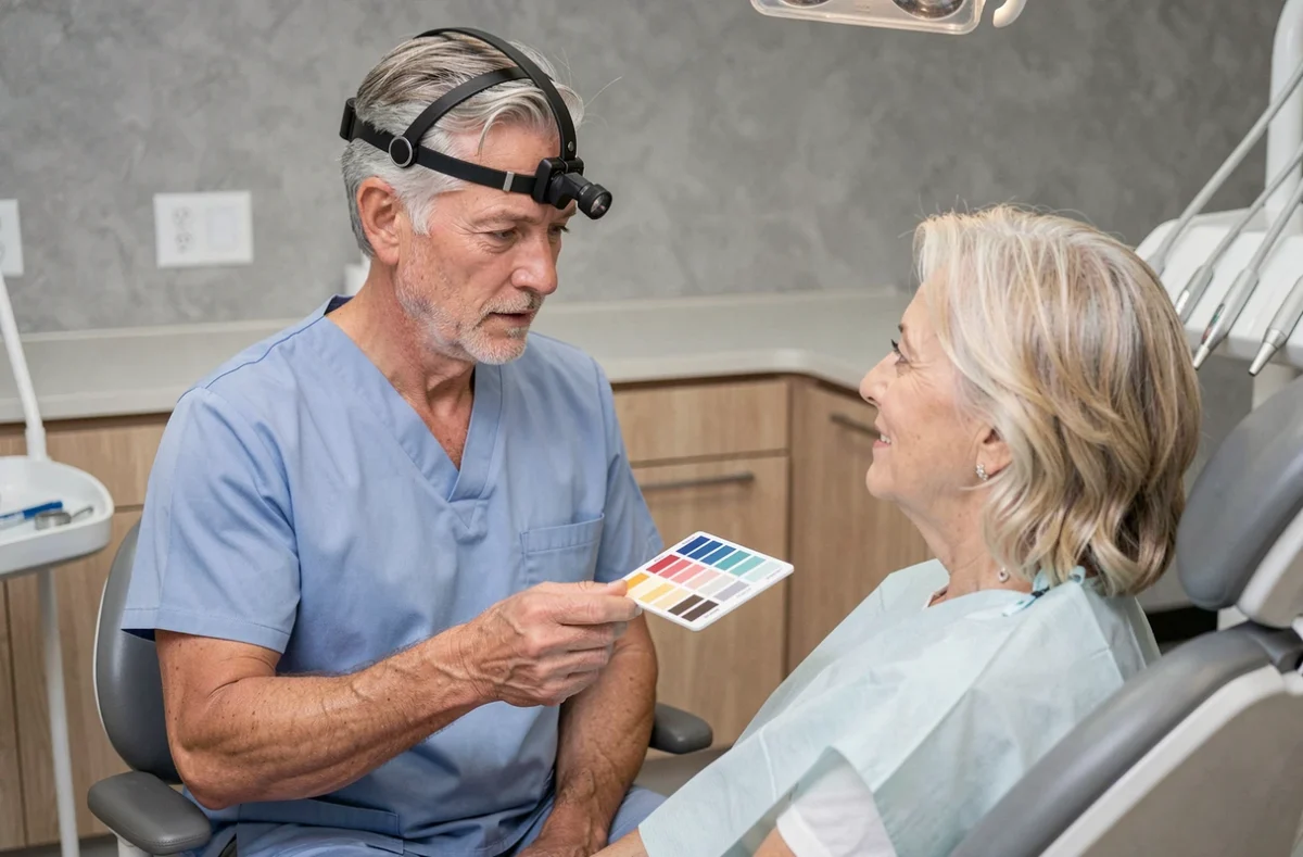 Dentiste présentant un guide de teintes à une patiente pour le choix de dents en résine prothétique Capdentaire