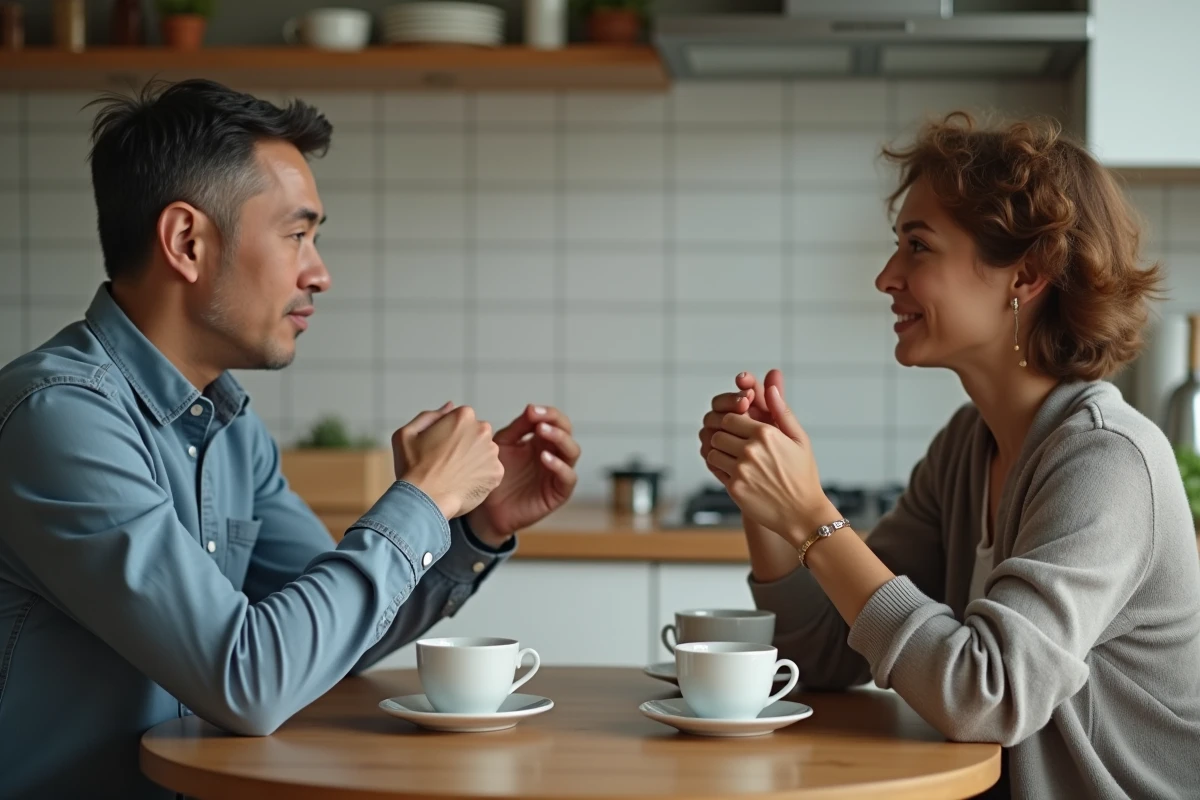 Deux adultes engagés dans un dialogue ouvert et bienveillant autour d'une table de cuisine, favorisant la communication dans le couple