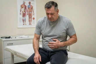 Homme d'âge moyen tenant son côté gauche de l'aine lors d'une consultation médicale, illustrant une douleur à l'aine gauche