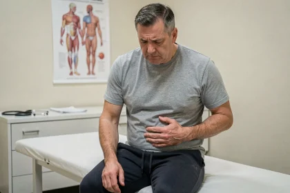 Homme d'âge moyen tenant son côté gauche de l'aine lors d'une consultation médicale, illustrant une douleur à l'aine gauche