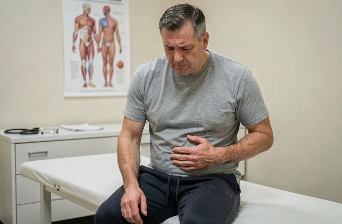 Homme d'âge moyen tenant son côté gauche de l'aine lors d'une consultation médicale, illustrant une douleur à l'aine gauche