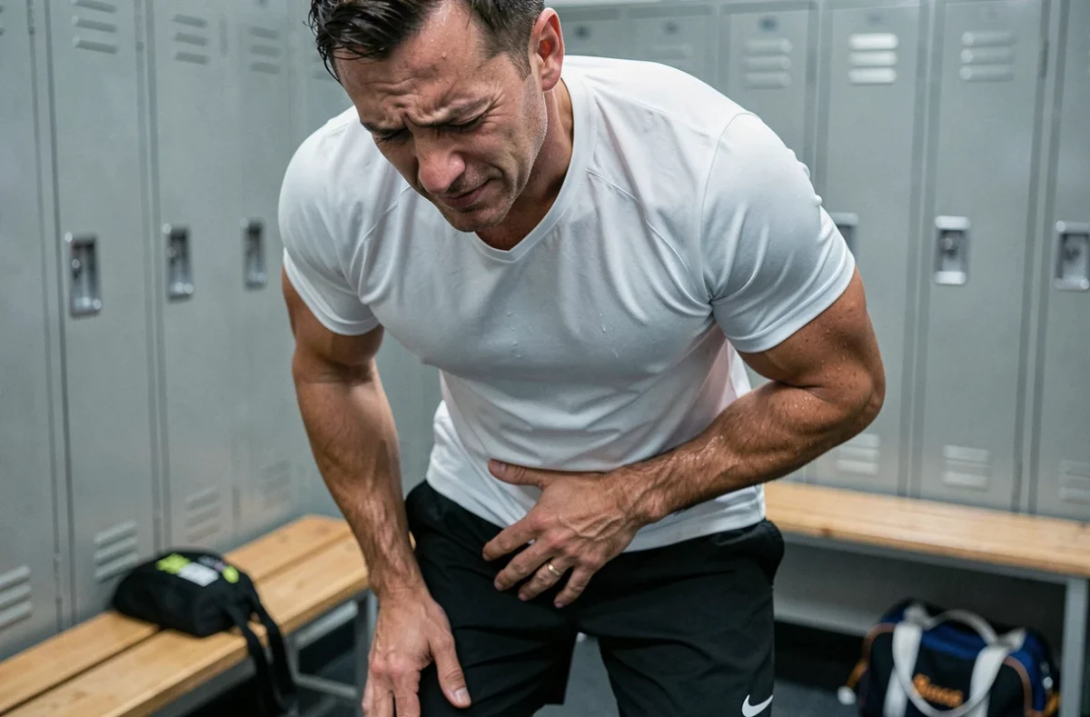 Sportif ressentant une douleur à l'aine gauche après l'effort dans un vestiaire de salle de sport, possible symptôme de hernie inguinale