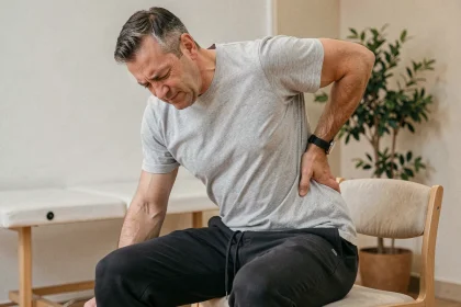 Homme d'âge mûr souffrant de douleur lombaire assis sur une chaise en cabinet de kinésithérapie, illustrant la fessalgie ou la sciatique lombaire