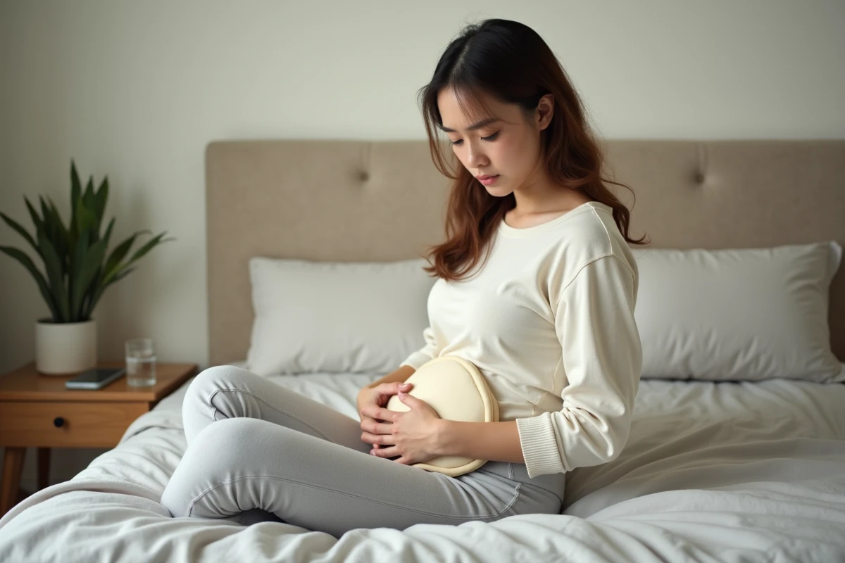 Jeune femme soulagant une douleur pelvienne liée à un kyste ovarien avec une bouillotte
