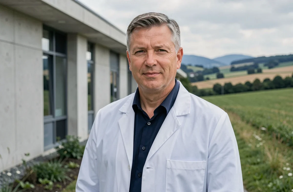 Dr Christophe Haus, chirurgien-dentiste dans le Bas-Rhin, devant un cabinet médical en milieu rural