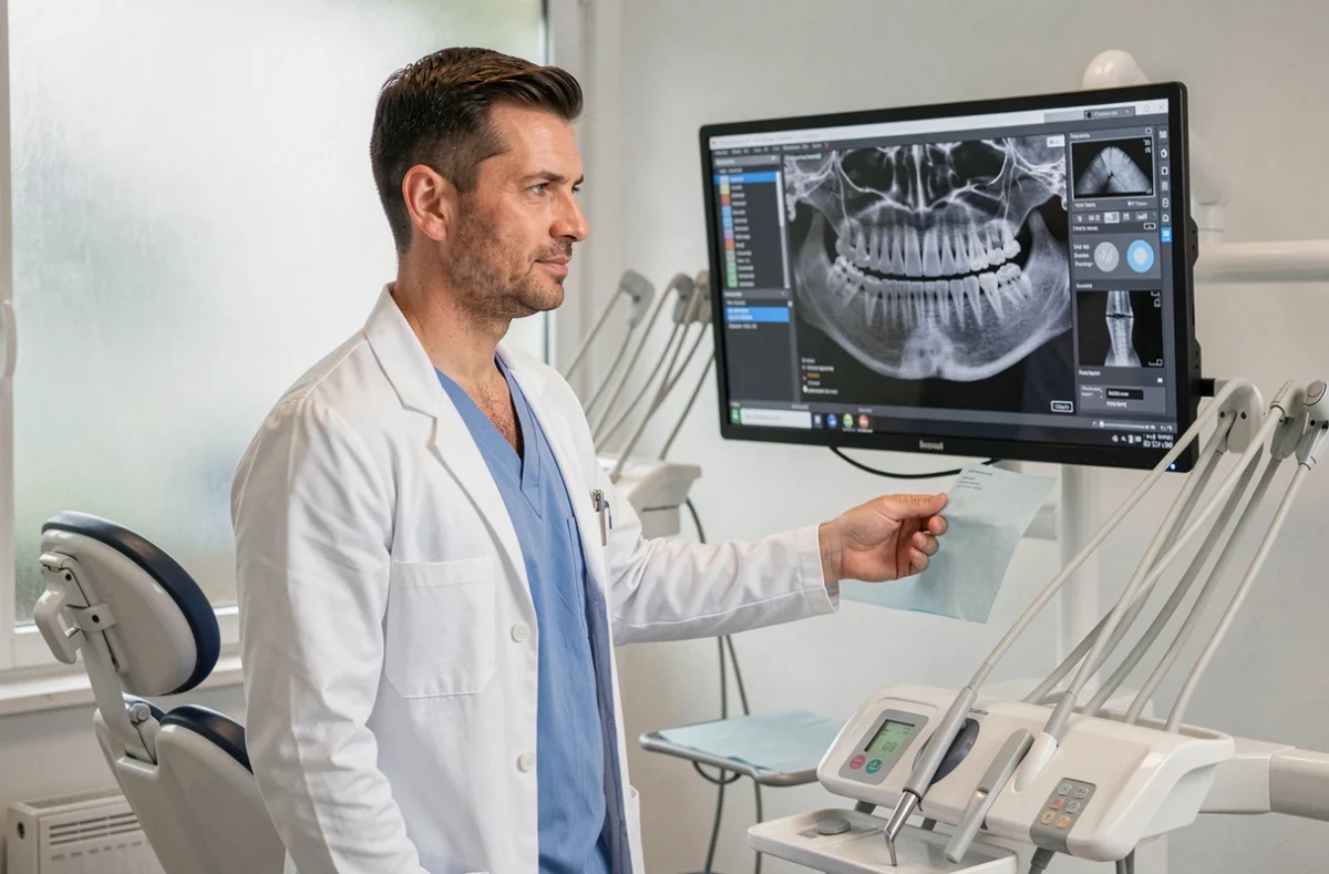 Dr Michael Haik, chirurgien-dentiste à Strasbourg, examinant des radiographies dans son cabinet