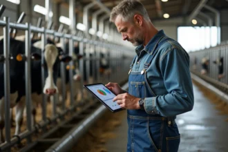 Éleveur laitier consultant les données Infolabo sur une tablette dans une salle de traite moderne avec des vaches Holstein en arrière-plan
